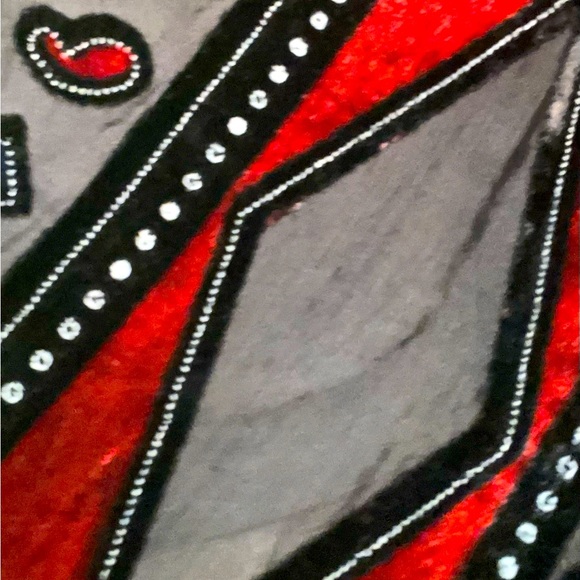 Scarf in velvet and sheer black rayon. Red and navy velvet. Tassel ends. 63x20” - Picture 2 of 8